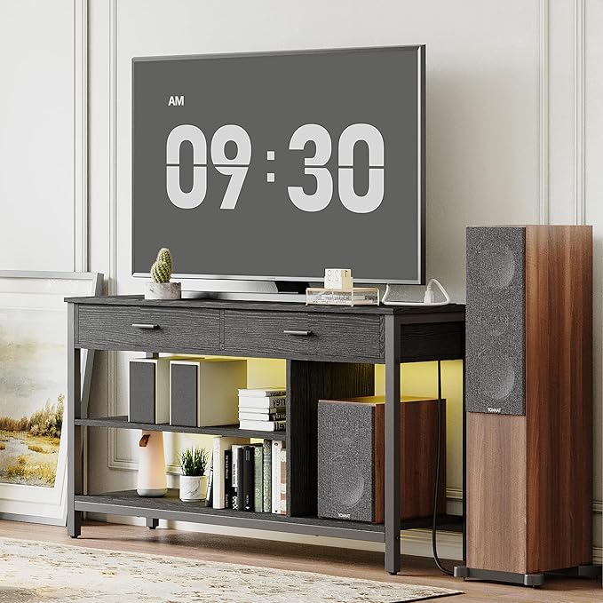 IRONCK TV Stand LED Lights, Entertainment Center with Power Outlet for 55 Inch TV, Industrial TV Console with Media Storage Shelf and 2 Large Drawers,for Bedroom/Living Room, Black - LeafyLoom