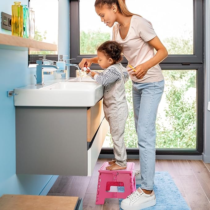 Delxo 9” Folding Step Stool in Pink,1 Pack Premium Heavy Duty Foldable Stool for Kids,Portable Collapsible Plastic Step Stool,Non Slip Folding Stools for Kitchen Bathroom Bedroom - LeafyLoom