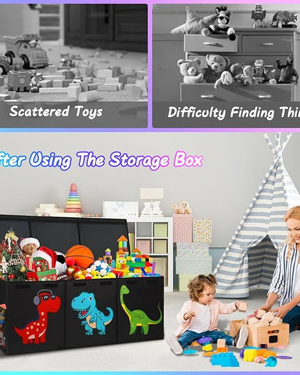Extra Large Toy Box, Collapsible Sturdy Toy Storage Organizer with Lids, Dinosaur Toy Box for Boys Girls, 41"x14"x16" Kids Toy Chest Bin Box Baskets for Living Room, Playroom, Bedroom, Nursery, Black - LeafyLoom