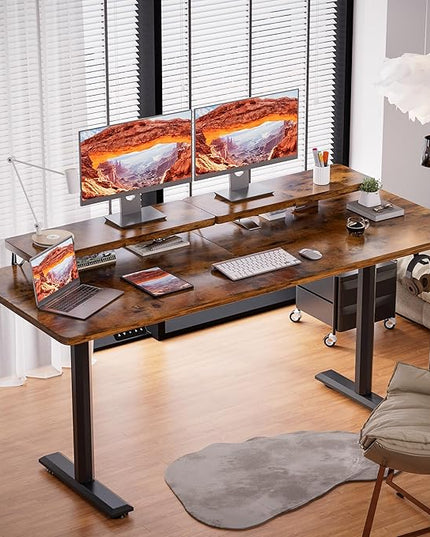 Electric Standing Desk with Monitor Shelf, 63 x 27 Inches Height Adjustable Corner Table, Computer Workstation with Cup Holder and Hook for Home Office, Brown, 63x27 Inch, Rustic Brwon - LeafyLoom