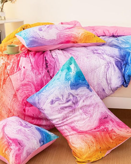 4 Pcs Tie Dye Twin Comforter Set for Girls, Watercolor Marble Abstract Art Superior Kids Bedding Sets Twin Size, Pink Purple Blue Colorful Teenage Girls Comforter Sets - LeafyLoom