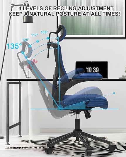𝑯𝑶𝑴𝑬 𝑶𝑭𝑭𝑰𝑪𝑬 𝑪𝑯𝑨𝑰𝑹, Ergonomic Mesh Desk Chair, High Back Computer Chair- Adjustable Headrest with Flip-Up Arms, Lumbar Support, Swivel Executive Task Chair (Portimao Blue, Modern) - LeafyLoom