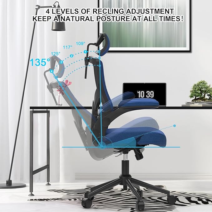 𝑯𝑶𝑴𝑬 𝑶𝑭𝑭𝑰𝑪𝑬 𝑪𝑯𝑨𝑰𝑹, Ergonomic Mesh Desk Chair, High Back Computer Chair- Adjustable Headrest with Flip-Up Arms, Lumbar Support, Swivel Executive Task Chair (Portimao Blue, Modern) - LeafyLoom