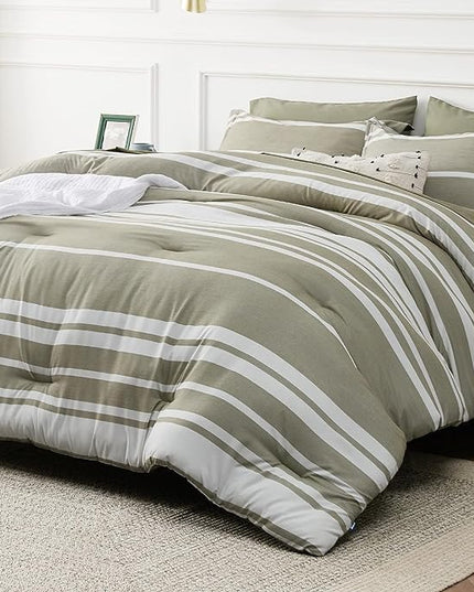 Bedsure Twin XL Comforter Set, Extra Long 5 Pieces Green Striped Twin XL Bedding Sets, All Season Dorm Room Essentials with 1 Pillow Sham, Flat Sheet, Fitted Sheet and 1 Pillowcase - LeafyLoom
