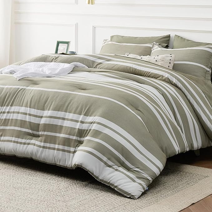Bedsure Twin XL Comforter Set, Extra Long 5 Pieces Green Striped Twin XL Bedding Sets, All Season Dorm Room Essentials with 1 Pillow Sham, Flat Sheet, Fitted Sheet and 1 Pillowcase - LeafyLoom
