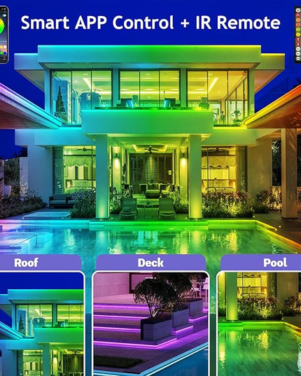 150ft Outdoor LED Strip Lights Waterproof,IP68 Outside Led Light Strips Waterproof with App and Remote,Music Sync RGB Exterior Led Rope Lights with Self Adhesive Back for Deck,Balcony,Pool LETIANPAI