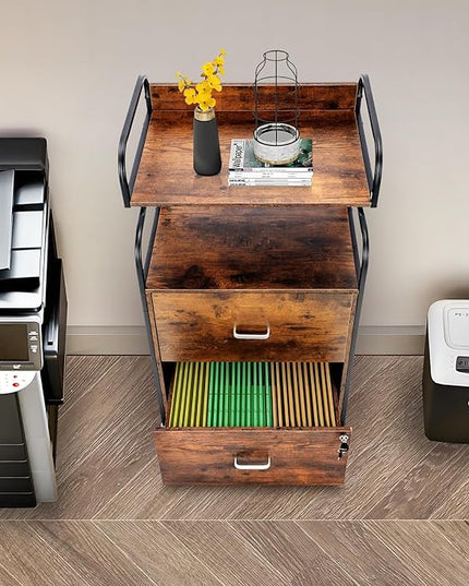 Vertical File Cabinet, 2 Drawer Mobile Filing Cabinet with 1 Bookshelf, Printer Stand with Open Storage Shelves Fits A4/Letter/Legal Size File Cabinets for Home Office Organizer, Brown - LeafyLoom
