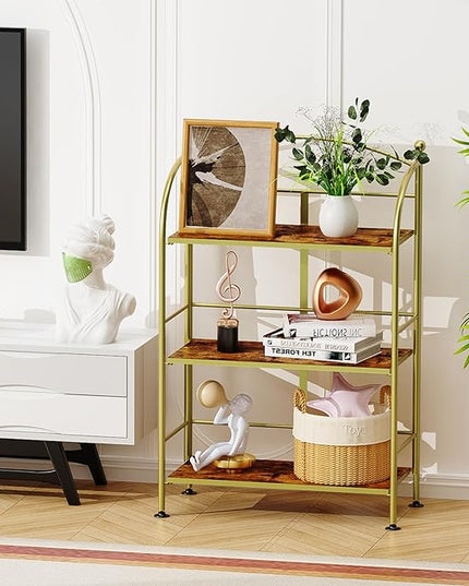 FRAPOW Folding Bookshelf No Assembly, 3 Tier Shelf Gold Collapsible Bookcase, Arched Metal Display Portable Book Shelf with Storage Shelves for Bedroom, Living Room, Home Office - LeafyLoom