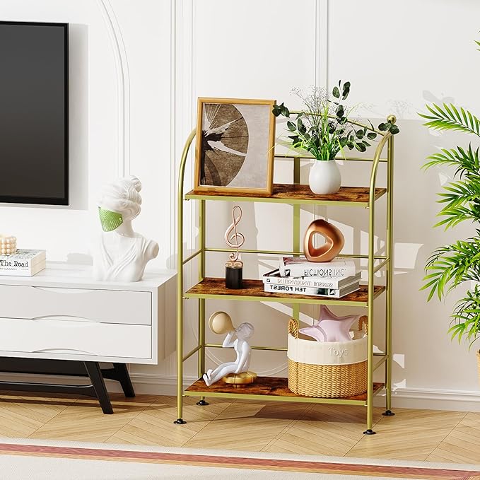 FRAPOW Folding Bookshelf No Assembly, 3 Tier Shelf Gold Collapsible Bookcase, Arched Metal Display Portable Book Shelf with Storage Shelves for Bedroom, Living Room, Home Office - LeafyLoom