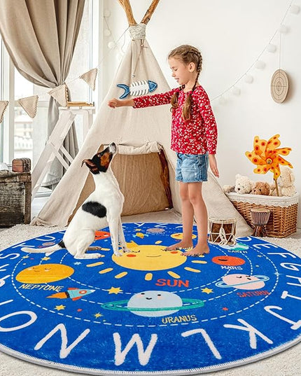 Round ABC Kids Rug,4 Ft Soft Circle Alphabet Playroom Rug,Washable Non-Slip Solar System Kids Play Rug,Space Educational Rug Kids Carpet for Classroom Playroom Bedroom Kids Room Decor - LeafyLoom