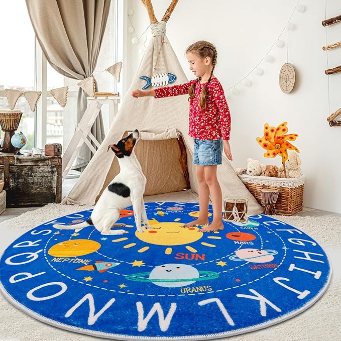 Round ABC Kids Rug,5.2 Ft Soft Circle Alphabet Playroom Rug,Washable Non-Slip Solar System Kids Play Rug,Space Educational Rug Kids Carpet for Classroom Playroom Bedroom Kids Room Decor - LeafyLoom