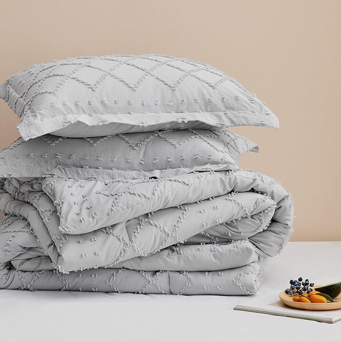 Bedsure California King Comforter Set - Light Grey Comforter, Boho Tufted Shabby Chic Bedding Comforter Set, 3 Pieces Farmhouse Bed Set for All Seasons, Fluffy Soft Bedding Set with 2 Pillow Shams - LeafyLoom