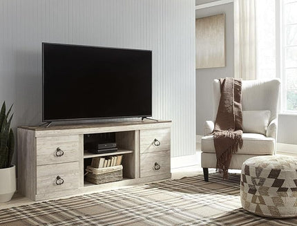 Signature Design by Ashley Willowton Shabby Chic Large TV Stand up to 60" with 3 Shelves and Fireplace Option, White - LeafyLoom