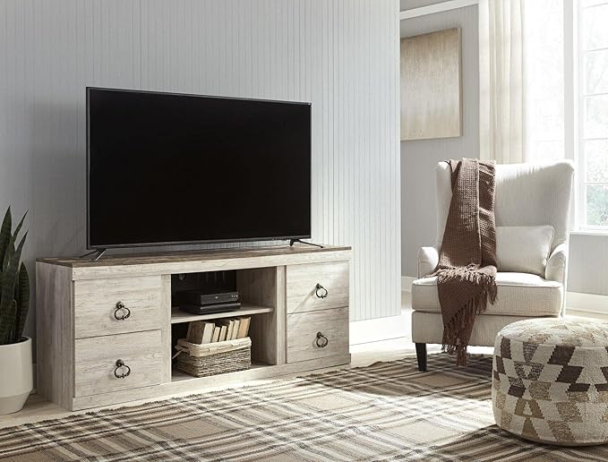 Signature Design by Ashley Willowton Shabby Chic Large TV Stand up to 60" with 3 Shelves and Fireplace Option, White - LeafyLoom