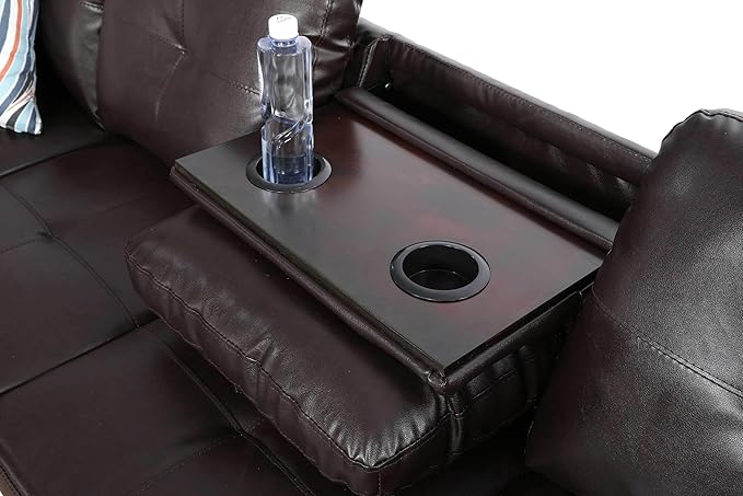 ROOMTEC Modern L Shaped Sectional Sofa with Storage Ottoman, Right Facing Chaise Longue, Reversible Backrest w/ 2 Cup Holders, Faux Leather Tufted Cushions, for Living Room, Apartment, Brown - LeafyLoom