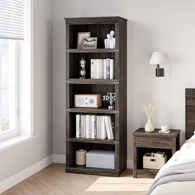 GAOMON 5 Tier Bookcase, Farmhouse Book shelf with Storage Open Display Bookshelves, 67.4" Tall Book Case Wooden 5 Shelf Bookcase Home Decor Furniture for Home Office, Living Room, Bed Room - Oak - LeafyLoom