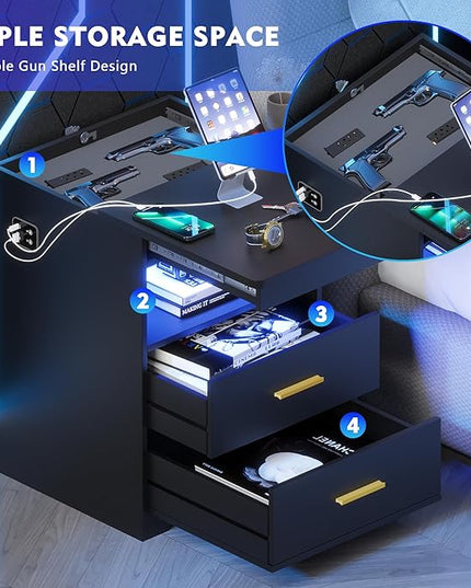 Nightstand Set of 2 with Charging Station, Beside Table with Secret Gun Compartment, Modern Nightstand with Auto Sensor LED 3 Color Dimmable for Bedroom Furniture - LeafyLoom