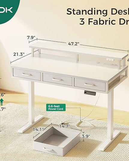 AODK 47 Inch Electric Standing Desk with 3 Drawers, White, Height Adjustable Desk with Power Outlets & LED Lights, Stand Up Desk with Monitor Shelf, Sit Stand Desk Computer Workstation - LeafyLoom