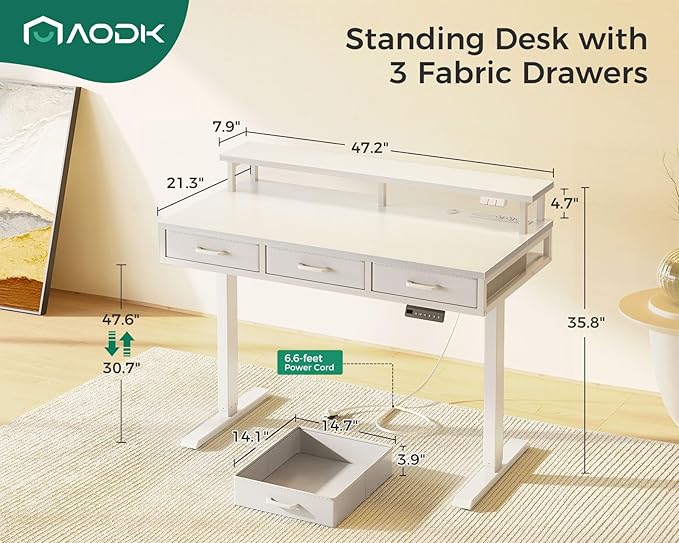 AODK 47 Inch Electric Standing Desk with 3 Drawers, White, Height Adjustable Desk with Power Outlets & LED Lights, Stand Up Desk with Monitor Shelf, Sit Stand Desk Computer Workstation - LeafyLoom