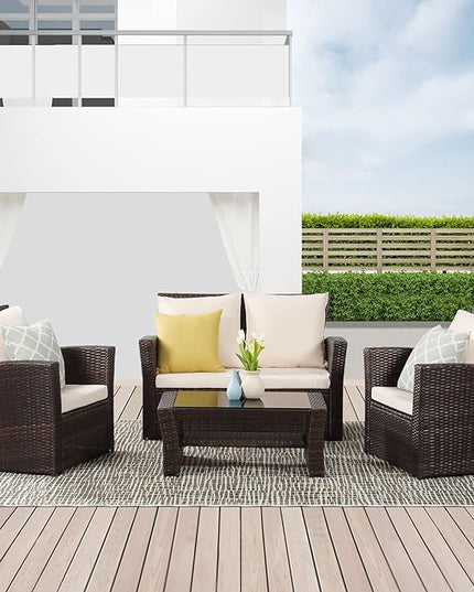 Wisteria Lane 4 Piece Outdoor Patio Furniture Sets, Wicker Conversation Set for Porch Deck, Brown Rattan Sofa Chair with Cushion - LeafyLoom
