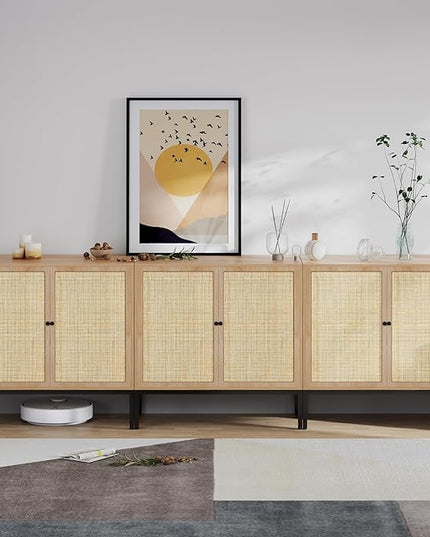 XIAO WEI Set of 3 Sideboard with Handmade Natural Rattan Doors, Rattan Cabinet Console Table Storage Cabinet Buffet Cabinet, for Kitchen, Living Room, Dining, Entryway, - LeafyLoom