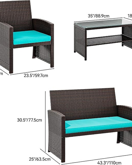 YITAHOME Patio Furniture Wicker Outdoor Bistro Set, 4-Piece All Weather Rattan Conversation Loveseat for Backyard, Balcony and Deck w/Soft Cushions and Metal Coffee Table (Brown+Blue) - LeafyLoom