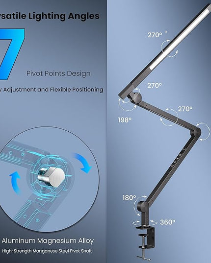 Desk Lamp, Desk Light with Clamp, Stepless Dimming & Adjustable Color Temperature Modern Eye-Caring Architect Lamp with Memory & Timing Function for Study, Work, Home, Office, 15W - LeafyLoom