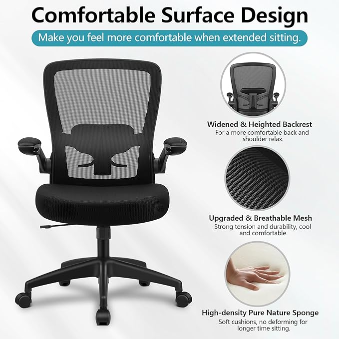 FelixKing Office Chair, Ergonomic Desk Chair Breathable Mesh Chair with Adjustable High Back Lumbar Support Flip-up Armrests, Executive Rolling Swivel Comfy Task Computer Chair for Home Office - LeafyLoom