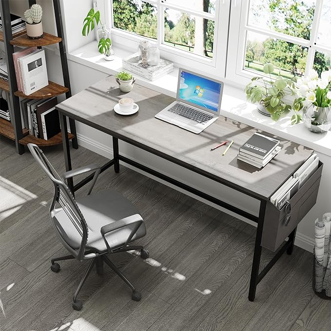 Shintenchi 55 inch Computer Desk with Storage Bag, Study Workstation Modern Simple Design for Home Office, Student Writing Desk, Office Working Desk, Gray - LeafyLoom