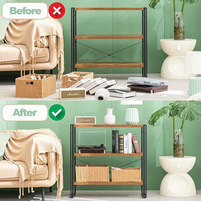 HCHQHS Bookshelf, 3-Tier Industrial Bookcase, Rustic Open Book Shelf, Freestanding Horizontal Bookshelves with Metal Frame - LeafyLoom