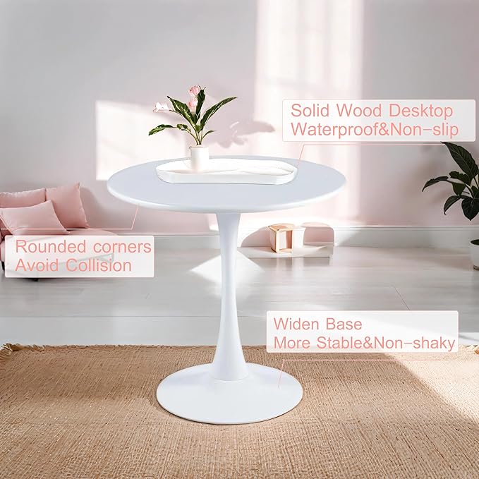 White Round Table Modern Dining Table, 24" Tulip Table Kitchen Table Small Dining Table for 2 People Coffee Table - LeafyLoom