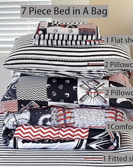 7 Piece Baseball Comforter Set Bed in A Bag Queen Size 3D Softball Sports Bedding Set for Boys Kids Microfiber Comforter All Season (1 Comforter, 1 Flat Sheet, 1 Fitted Sheet, 4 Pillowcase) - LeafyLoom