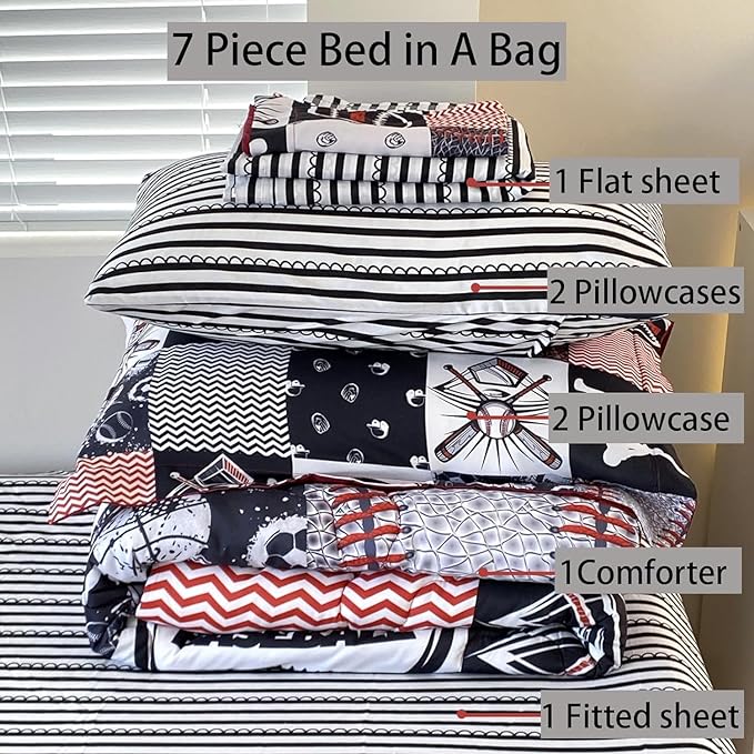 7 Piece Baseball Comforter Set Bed in A Bag Queen Size 3D Softball Sports Bedding Set for Boys Kids Microfiber Comforter All Season (1 Comforter, 1 Flat Sheet, 1 Fitted Sheet, 4 Pillowcase) - LeafyLoom