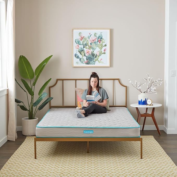 Linenspa 6 Inch Mattress - Firm Feel - Bonnell Spring with Foam Layer - Mattress in a Box - Youth or Kids Bed - Guest Bedroom - Durable and Breathable Support - Affordable - Full Size - LeafyLoom