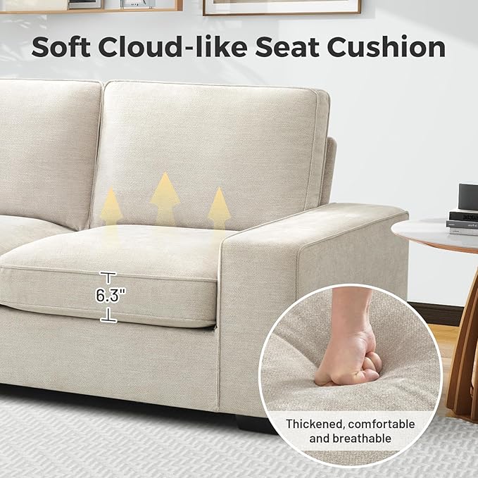 EASELAND Sofa Couch, 88" Chenille Loveseat for Living Room, 3 Seater Lounge Sofa for Bedroom with Removable Back and Seat Cushions, Modern Deep Seat Comfy Couch with Solid Wood Legs and Armrest(Beige) - LeafyLoom