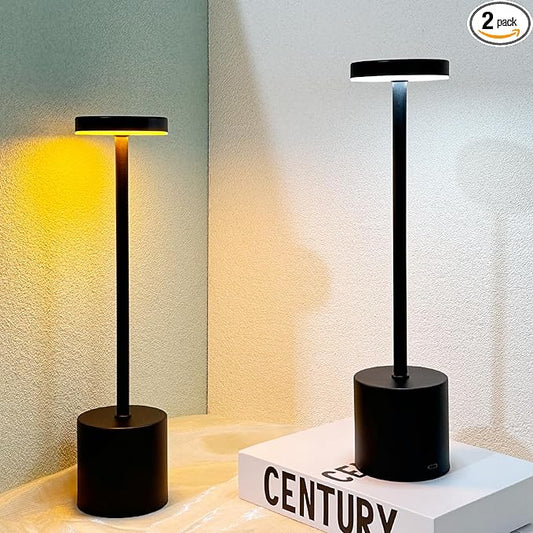 2 Pack Cordless Table Lamp Rechargeable 5000mAh Battery Operated Portable LED Desk Lamp 3 Color Temperature Stepless Dimming for Bedroom Restaurant Coffee Shop Party (Black) - LeafyLoom