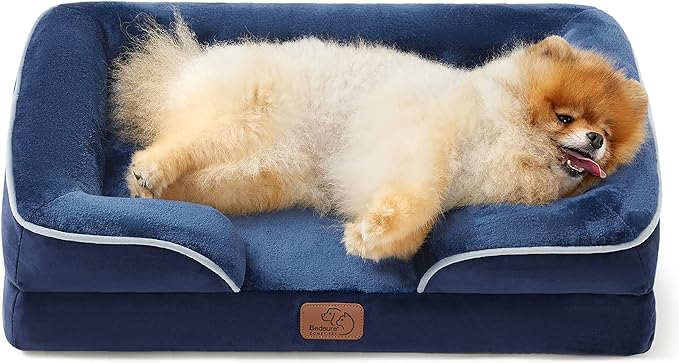 Bedsure Small Orthopedic Dog Bed - Washable Bolster Dog Sofa Beds for Small Dogs, Supportive Foam Pet Couch Bed with Removable Washable Cover, Waterproof Lining and Nonskid Bottom Couch, Navy Blue BEDSURE