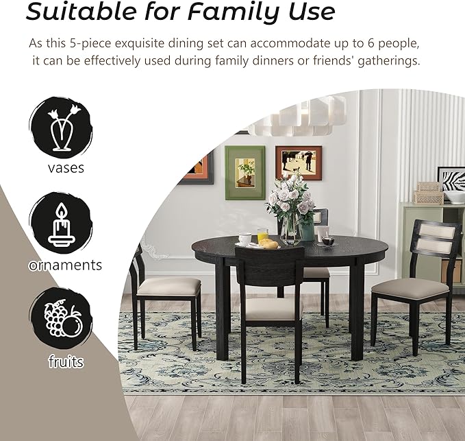 Multifunctional Farmhouse Extendable Round, 2 Small Drawers and 4 Upholstered Chairs, Room, Kitchen, 5 Piece Dining Table Set, Black 20 - LeafyLoom