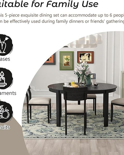 5-Piece Farmhouse Extendable Round Dining Table Set with Two 4 Upholstered Chairs for Kitchen, Breakfast Nook, Living Room, 42"-56" L x 42" W x 30" H, Black(2 Small Drawers) - LeafyLoom