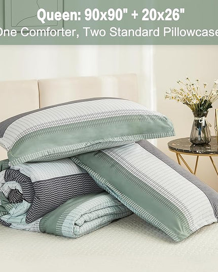 Litanika Queen Comforter Set Sage Green - 3 Pieces Lightweight Bedding Comforter Sets, Light Green White Colorblock Stripe Fluffy Bed Set, All Season Down Alternative - LeafyLoom
