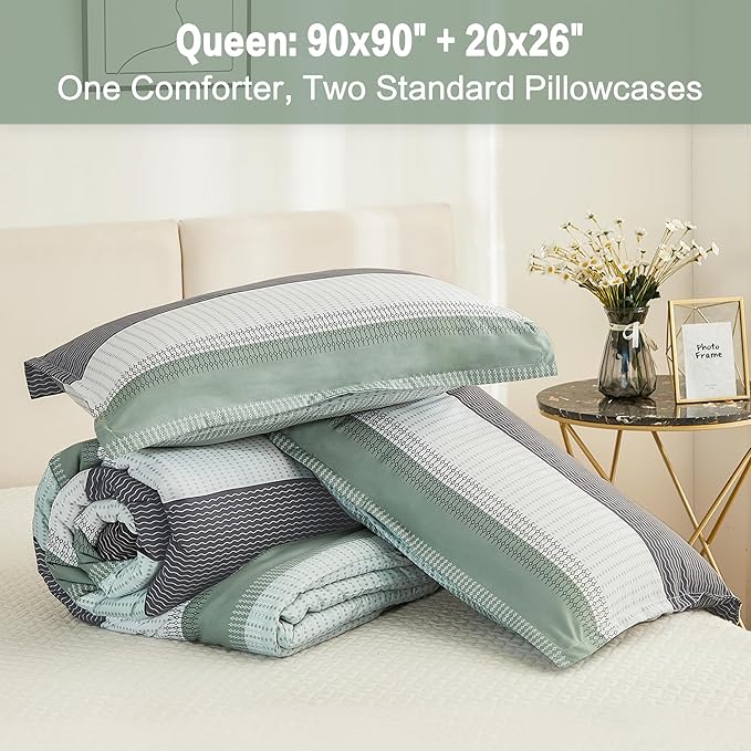 Litanika Queen Comforter Set Sage Green - 3 Pieces Lightweight Bedding Comforter Sets, Light Green White Colorblock Stripe Fluffy Bed Set, All Season Down Alternative - LeafyLoom