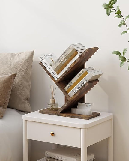 Tajsoon Tree Bookshelf 3 Tier Book Storage Organizer Shelves, Desktop Bookshelf Floor Standing Bookcase Display for CDs/Magazine/Books, Small Bookshelf for Bedroom, Living Room Office, Rustic Brown - LeafyLoom