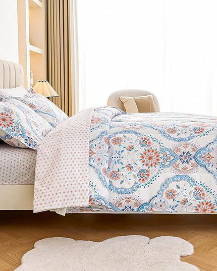 Printed Queen Bedding Sets with Comforter and Sheets, Lightweight Boho Floral 7 Piece Bed in A Bag Comforter Set for Women, Pink and Blue Mandala Flower Pattern - LeafyLoom