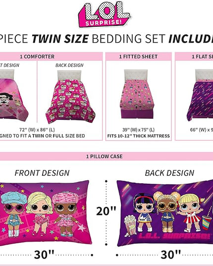 Franco Kids Bedding Super Soft Comforter and Sheet Set, 4 Piece Twin Size, LOL Surprise - LeafyLoom