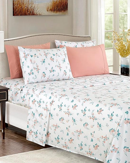 Elegant Comfort Softest and Coziest 4-Piece Sheet Set - 1500 Premium Hotel Quality Microfiber - Deep Pocket, Wrinkle Resistant 4-Piece Floral Bed Sheet Set, Twin, Celia Pink - LeafyLoom