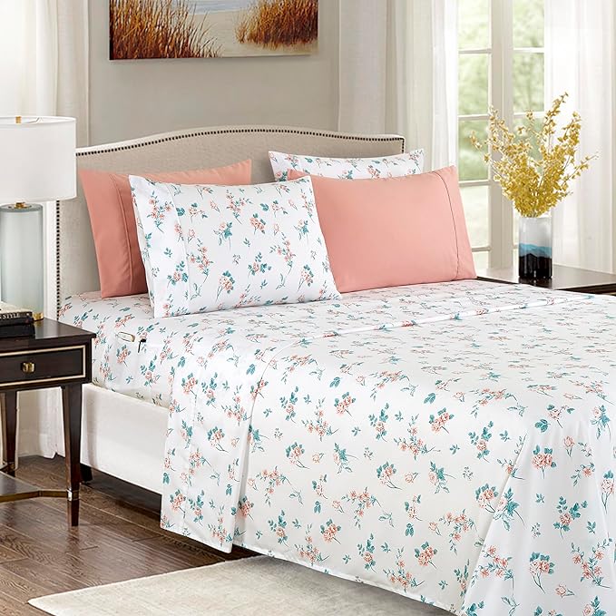 Elegant Comfort Softest and Coziest 4-Piece Sheet Set - 1500 Premium Hotel Quality Microfiber - Deep Pocket, Wrinkle Resistant 4-Piece Floral Bed Sheet Set, Twin, Celia Pink - LeafyLoom