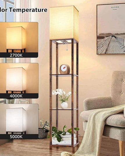 Floor Lamp with Shelves for Living Room Brown, Shelf Floor Lamp with 3 CCT LED Bulb, Corner Display Standing Column Lamp Etagere Organizer Tower Nightstand with White Linen Shade for Bedroom - LeafyLoom