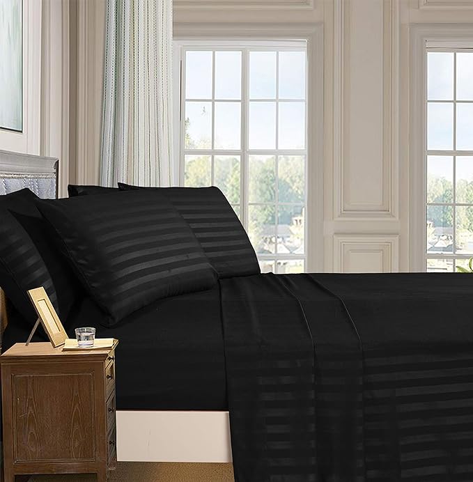 Elegant Comfort Softest and Coziest 4-Piece Sheet Set - 1500 Premium Hotel Quality Microfiber - Luxurious Wrinkle Resistant 4-Piece Damask Stripe Bed Sheet Set, Twin XL, Black - LeafyLoom