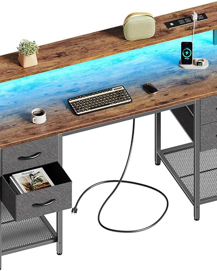 55 inch Computer Desk with 4 Drawers, Gaming Desk with LED Lights & Power Outlets, Home Office Desk with Large Storage Space for Bedroom, Work from Home, Rustic Brown - LeafyLoom