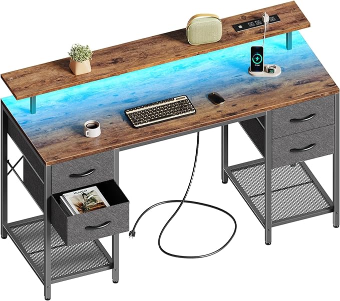 55 inch Computer Desk with 4 Drawers, Gaming Desk with LED Lights & Power Outlets, Home Office Desk with Large Storage Space for Bedroom, Work from Home, Rustic Brown - LeafyLoom